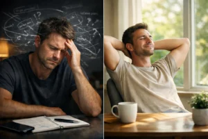 Mann im Gedankenkarussell links, danach sichtbar entspannt rechts