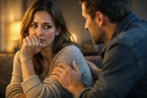 Gef?hle zeigen: eine Frau ringt sichtbar zwischen Zur?ckhaltung und Offenheit in einem nahen emotionalen Moment