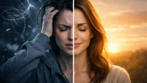 H?re auf dein Bauchgef?hl: eine Frau zwischen innerem Alarm und ruhiger Intuition im Vorher-nachher-Kontrast