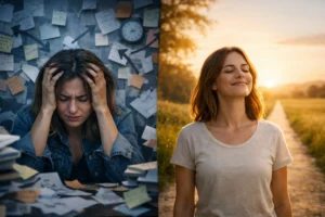 Frau zwischen mentalem Chaos und klarer Richtung als Symbol f?r mehr Klarheit im Leben