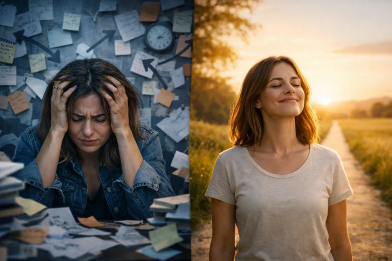 Frau zwischen mentalem Chaos und klarer Richtung als Symbol f?r mehr Klarheit im Leben