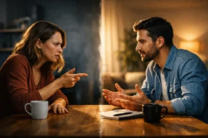 Kompromisse finden: ein Paar fuehrt ein intensives Gespraech am Tisch und sucht nach einer fairen Loesung