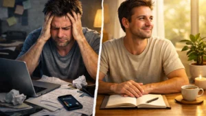 Lebensqualit?t verbessern: ein gestresster Mann im ?berladenen Alltag und dieselbe Person sp?ter ruhig und entlastet am Tisch