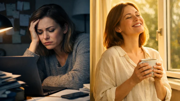 Mehr Lebensfreude im Alltag: ersch?pfte Frau im dunklen Alltag und dieselbe Frau sp?ter erleichtert im warmen Morgenlicht mit Kaffee