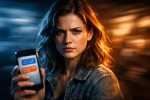 Frau im emotionalen Konfliktmoment mit klarer Entschlossenheit