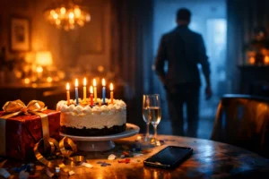 Geburtstagstisch mit Torte und Handy, waehrend sich eine Person im Hintergrund emotional distanziert entfernt