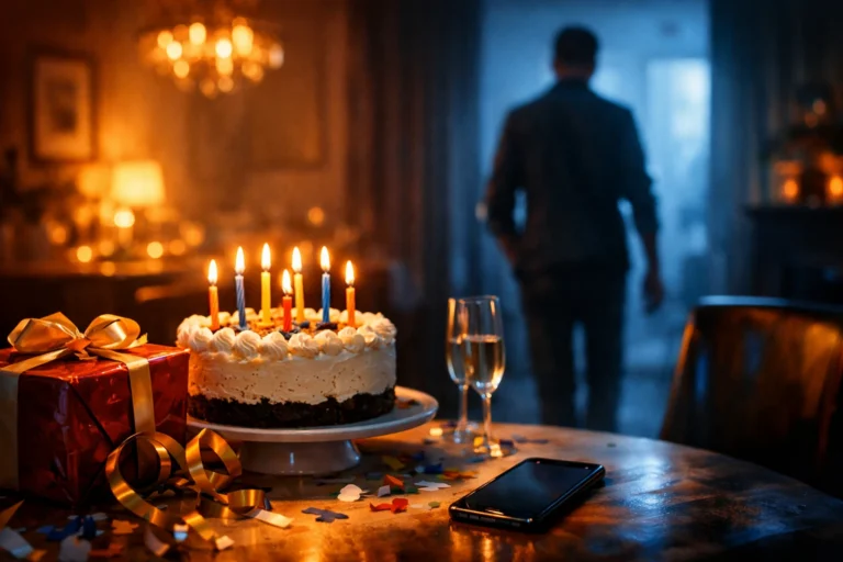 Geburtstagstisch mit Torte und Handy, waehrend sich eine Person im Hintergrund emotional distanziert entfernt