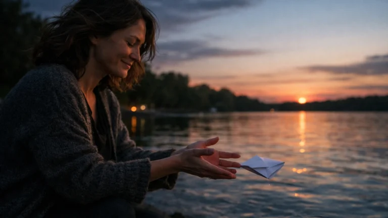 Rituale zum Loslassen: eine Frau l?sst am See bei Sonnenuntergang einen Brief los und findet sp?rbare innere Entlastung