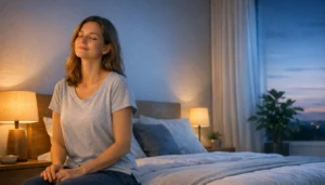 Frau entspannt sich am Abend im Schlafzimmer als Symbol f?r bessere Schlafqualit?t