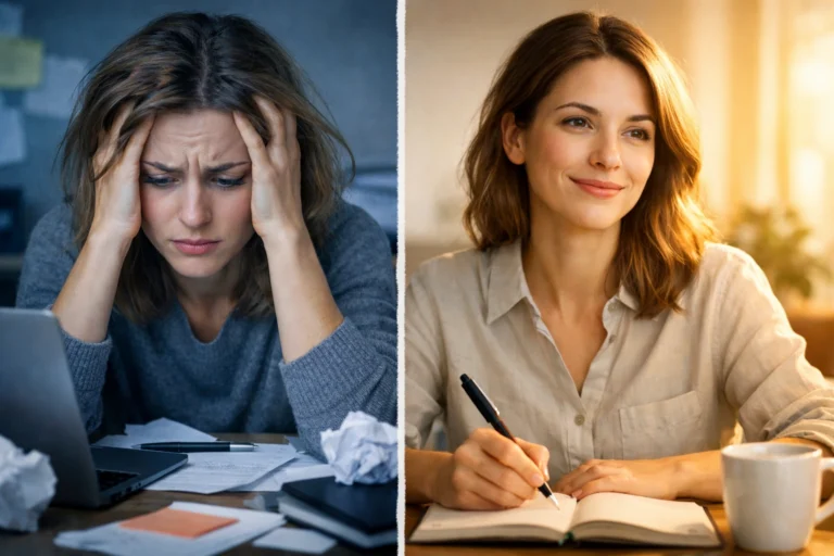 Frau zwischen ?berforderung und Klarheit als Symbol f?r Selbstsabotage ?berwinden