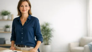 Selbstsichere Person in hellem Workspace als Symbol fuer Selbstbewusstsein und klares Auftreten