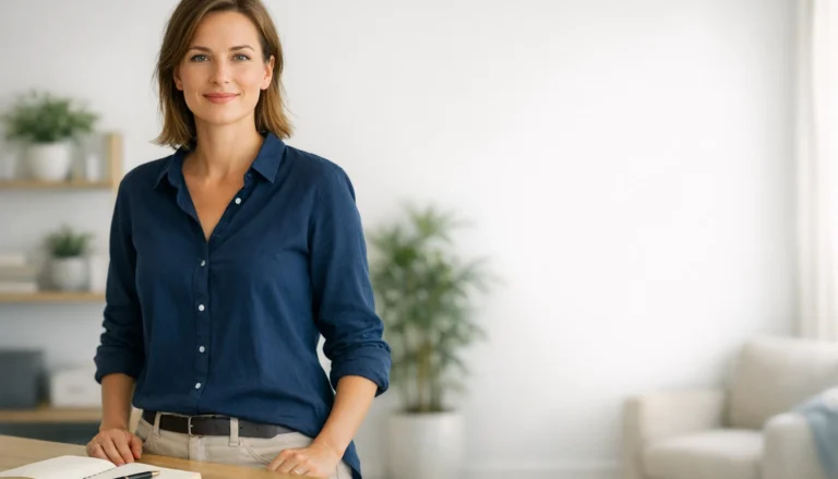 Selbstsichere Person in hellem Workspace als Symbol fuer Selbstbewusstsein und klares Auftreten