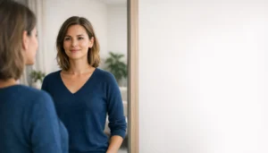 Selbstsichere Person vor Spiegel als Symbol fuer ein gesundes Selbstwertgefuehl