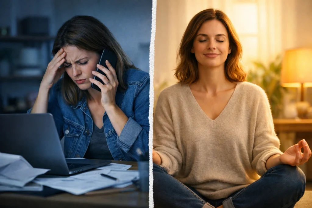 Ruhige Person in weichem Tageslicht als Symbol für Stressregulation und innere Entlastung