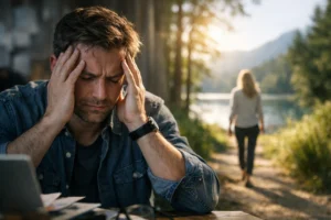 Stress, Sorgen und mentale Belastung: eine Person wirkt im Alltag angespannt, aber sucht sichtbar nach Ruhe und Klarheit