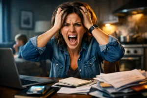 Stress Trigger: eine Frau reagiert sichtbar ?berfordert auf einen ausl?senden Stressmoment im Alltag