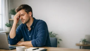 Person mit deutlicher Anspannung am Schreibtisch als Symbol fuer Stresssymptome und Entlastung