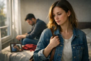 Trennung, Ex und Loslassen: eine Person wirkt nachdenklich und emotional ber&uuml;hrt, w&auml;hrend sie sich innerlich aus einer vergangenen Bindung l&ouml;st