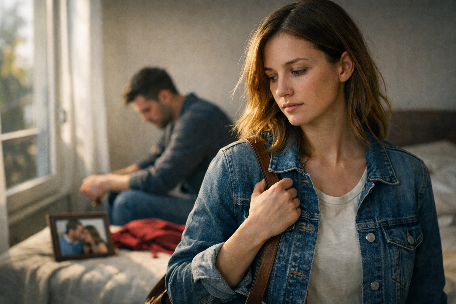 Trennung, Ex und Loslassen: eine Person wirkt nachdenklich und emotional berührt, während sie sich innerlich aus einer vergangenen Bindung löst