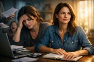 Umgang mit schwierigen Situationen: eine Frau steht sichtbar unter Druck und findet in einem belastenden Moment wieder mehr Klarheit und Kontrolle