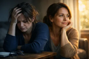 Vom Leben entt?uscht und desillusioniert: eine Frau sitzt ersch?pft im Zimmer und findet langsam wieder einen klareren inneren Blick