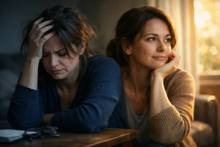 Vom Leben entt?uscht und desillusioniert: eine Frau sitzt ersch?pft im Zimmer und findet langsam wieder einen klareren inneren Blick