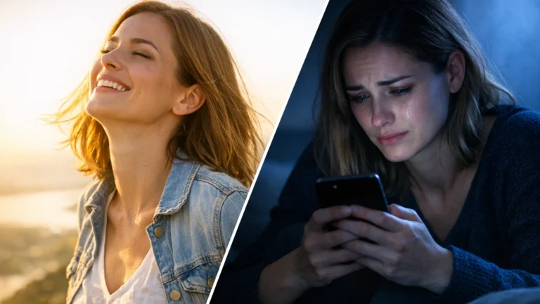 Warum wird meine Liebe nicht erwidert: links eine freie, erleichterte Frau im Sonnenlicht, rechts dieselbe Frau traurig mit Handy und Tr?nen