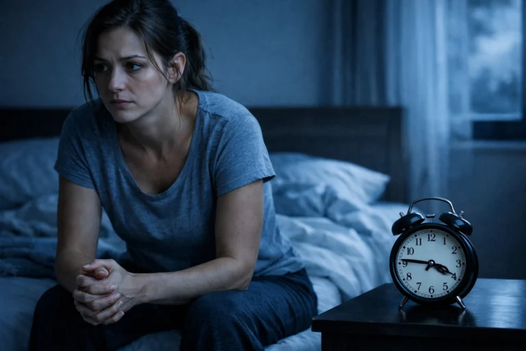 Erschoepfte Frau sitzt nachts wach am Bett, waehrend Sorgen und Schlafmangel sichtbar belasten