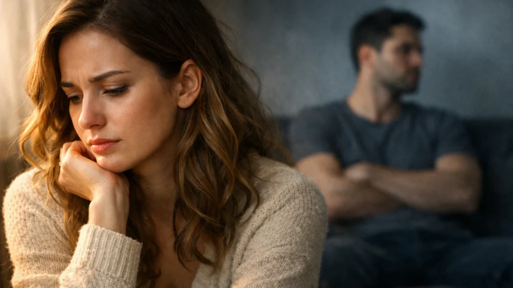 Wer dich nicht zu sch?tzen wei?: eine entt?uschte Frau im Vordergrund, w?hrend ein emotional distanzierter Partner unscharf im Hintergrund sitzt