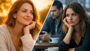 Wie du die Liebe deines Lebens findest: dieselbe Frau zwischen klarer Hoffnung und verwirrendem Date-Kontrast