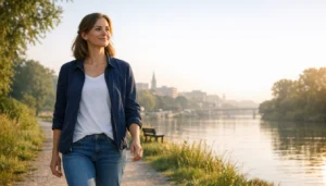 Gelassene Person im Morgenlicht als Symbol fuer gesteigertes Wohlbefinden und innere Ruhe