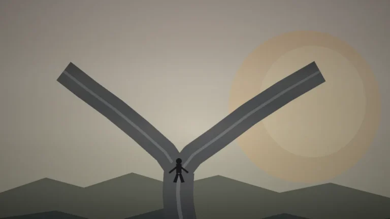 Orientierungslos im Leben: eine Person steht an einer Weggabelung zwischen Nebel und warmem Licht