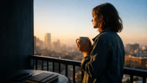 Ziele im Leben finden: eine Frau blickt mit Tasse und Notizbuch ?ber die Stadt und denkt ?ber ihren n?chsten Weg nach