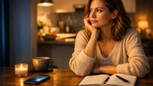 Offene Beziehung: eine Frau sitzt nachdenklich mit Handy und Notizbuch am Tisch und denkt ?ber Grenzen und Vertrauen nach