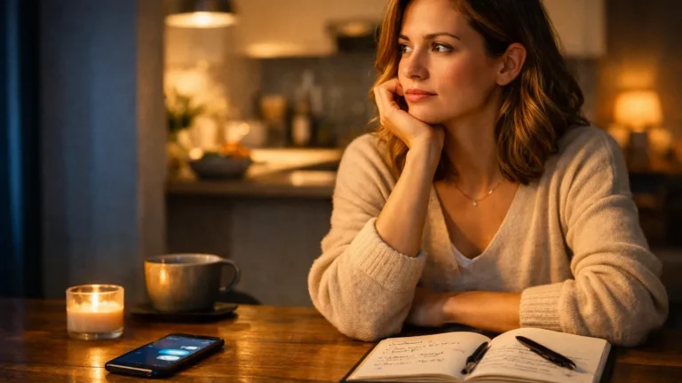 Offene Beziehung: eine Frau sitzt nachdenklich mit Handy und Notizbuch am Tisch und denkt ?ber Grenzen und Vertrauen nach