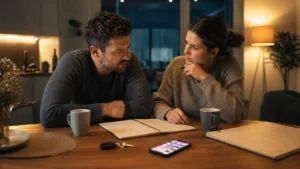 Paar spricht abends am Küchentisch über sein Beziehungsmodell