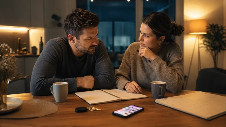 Paar spricht abends am Küchentisch über sein Beziehungsmodell