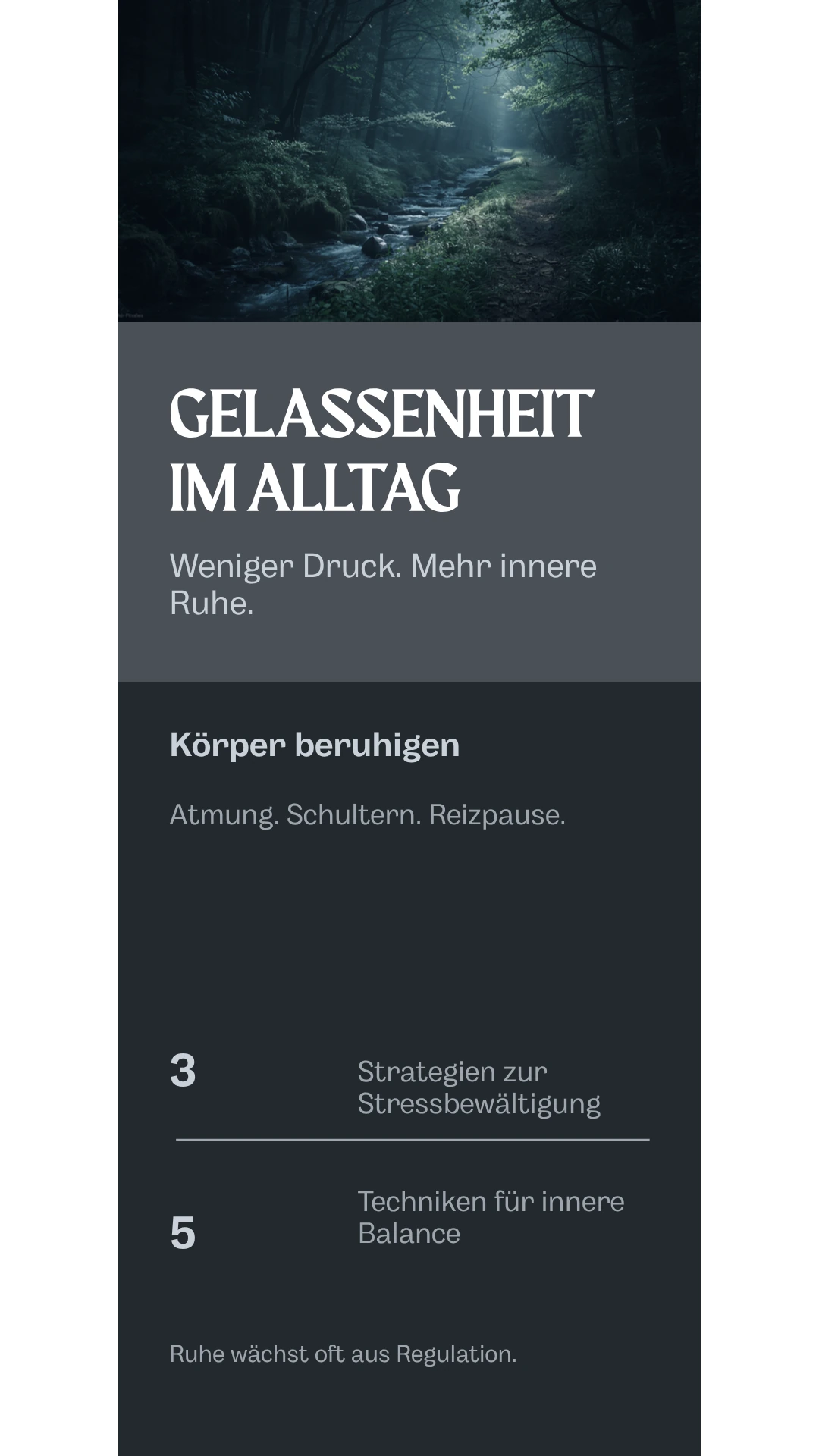 Infografik zu Gelassenheit mit drei Ebenen: K&ouml;rper beruhigen, Gedanken ordnen und Alltag entlasten