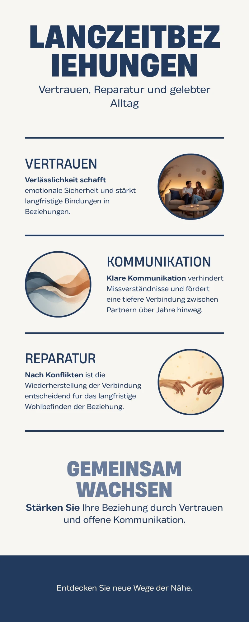Infografik zu Langzeitbeziehungen mit Vertrauen, Kommunikation, Reparatur und gemeinsamer Entwicklung