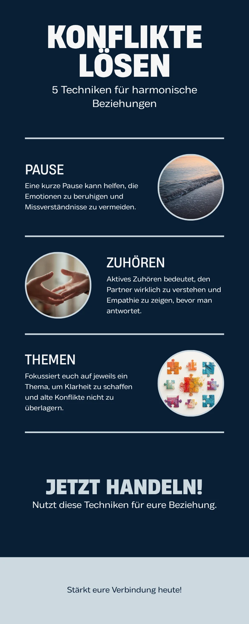Infografik mit f&uuml;nf Techniken zur L&ouml;sung von Konflikten in Beziehungen