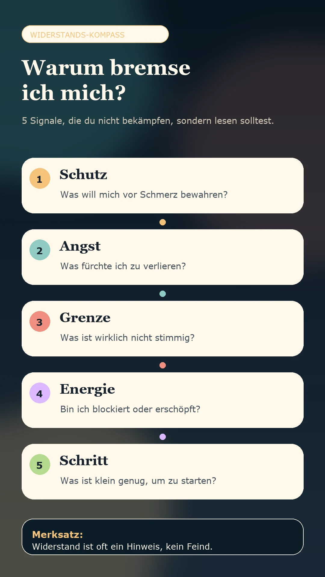 Infografik: Widerstands-Kompass mit Schutz, Angst, Grenze, Energie und nächstem Schritt