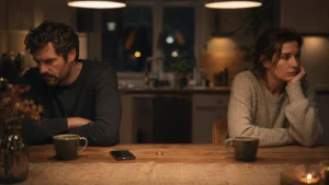 Emotional distanziertes Paar sitzt schweigend am Küchentisch bei Nacht