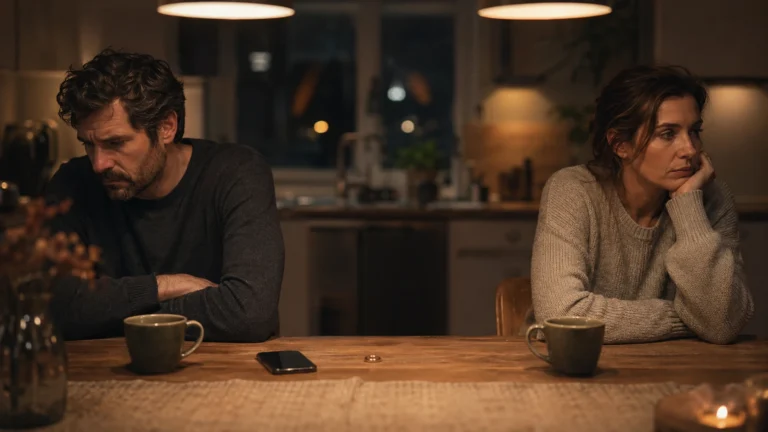 Emotional distanziertes Paar sitzt schweigend am Küchentisch bei Nacht