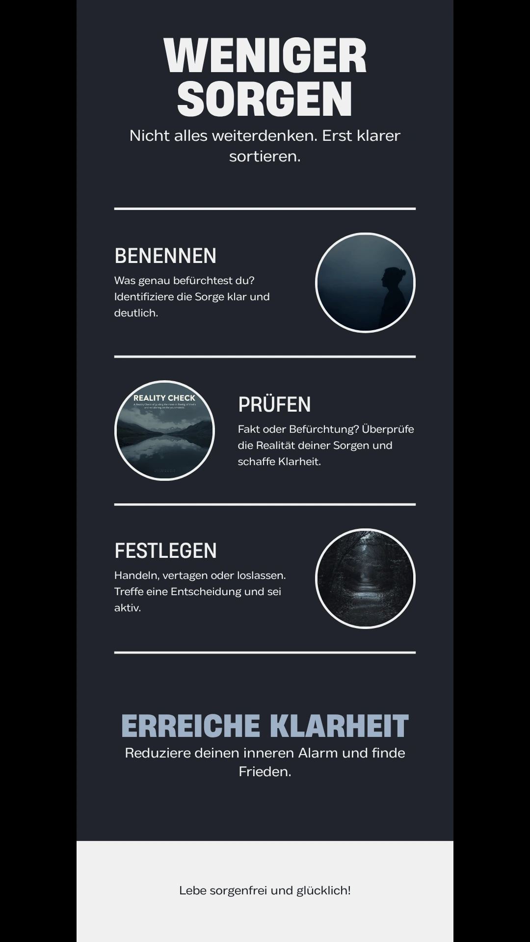 Dunkle Infografik zum Thema sorgenfrei durchs Leben mit drei Schritten von Sorge zu Klarheit
