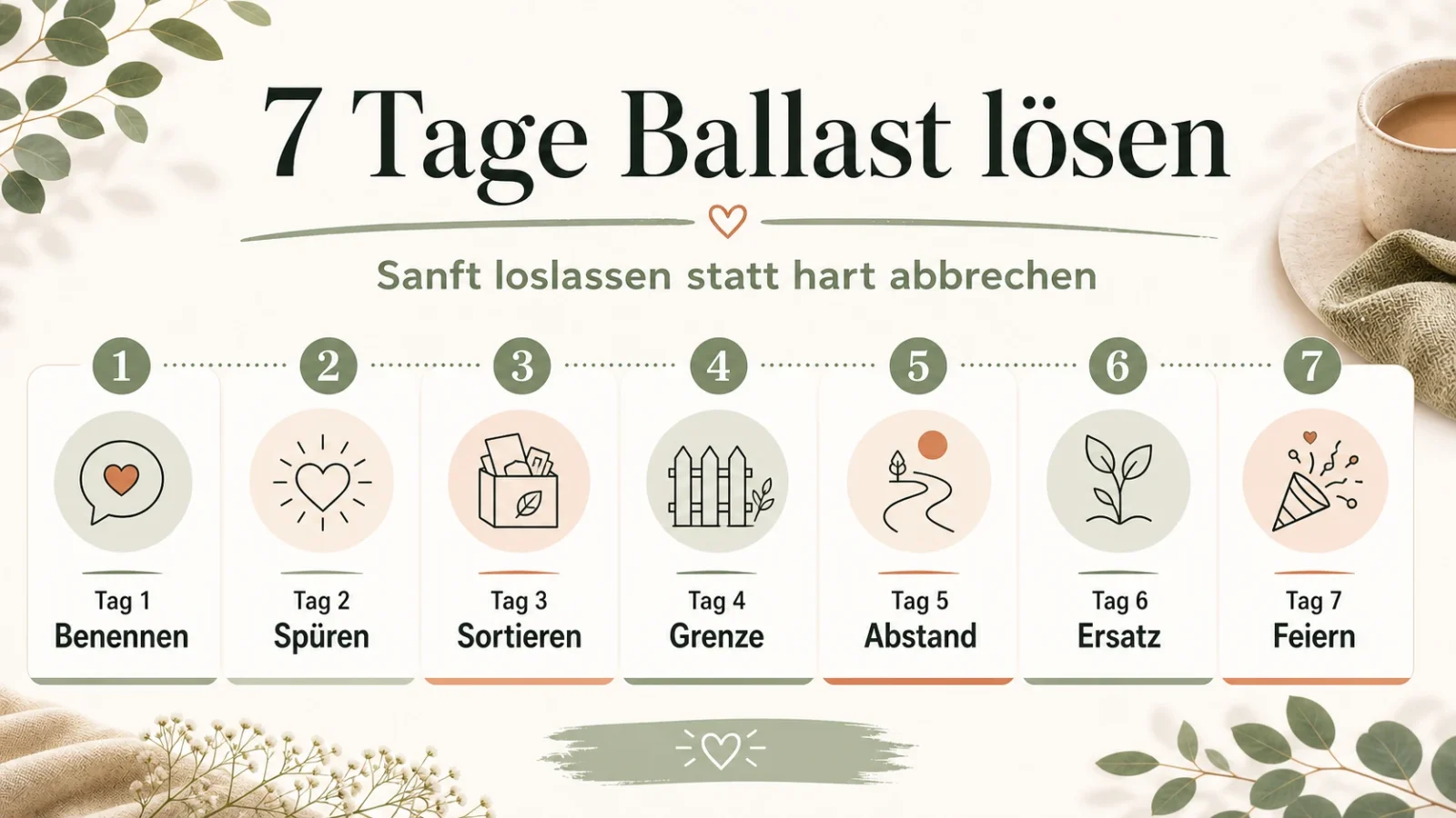 Was dir nicht guttut, kann weg: klar loslassen ohne Schuldgefühl 7 Tage Ballast lösen als helle Infografik