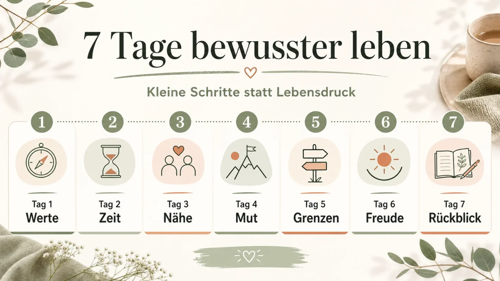 Lebe dein Leben, als wäre es dein letzter Tag: bewusst leben ohne Druck 7 Tage bewusster leben als helle Infografik