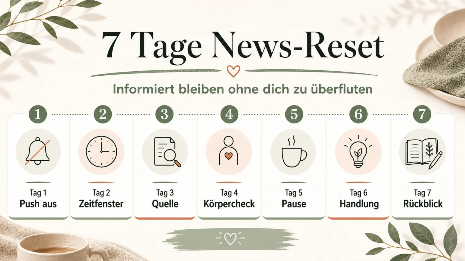 Negative Nachrichten belasten dich? So schützt du deine innere Ruhe 7 Tage News Reset als helle Infografik