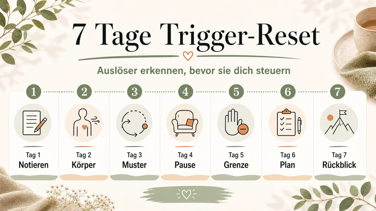 Stress Trigger erkennen: Auslöser verstehen und ruhiger reagieren 7 Tage Trigger Reset als helle Infografik