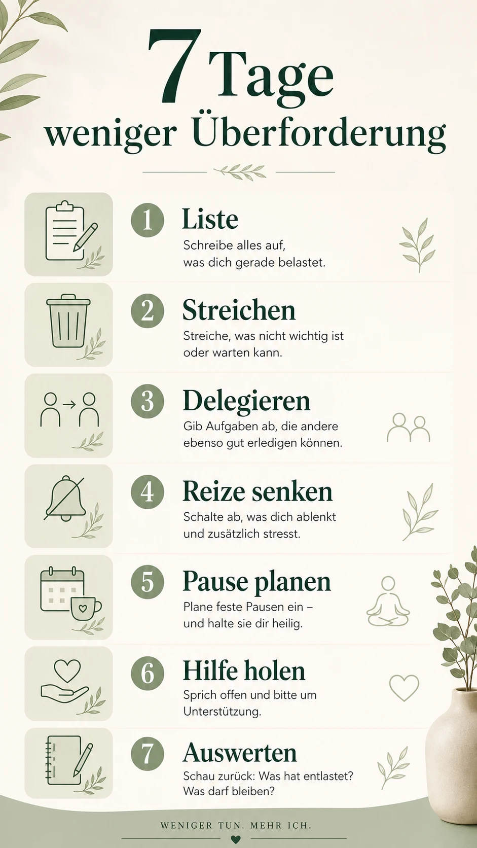 Warum du dich oft überfordert fühlst: Ursachen und 7 Schritte 7 Tage weniger Überforderung als helle Infografik