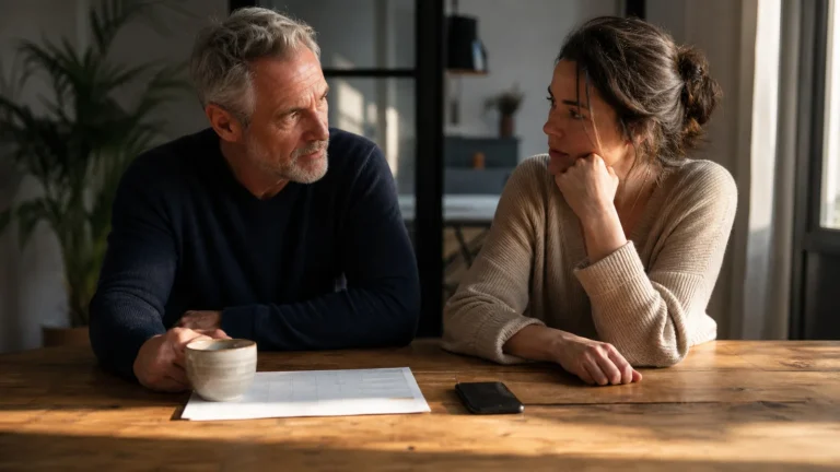 Beziehung mit 20 Jahren Unterschied: Kann das gut gehen? Paar mit Altersunterschied in einem ehrlichen Gespräch am Tisch